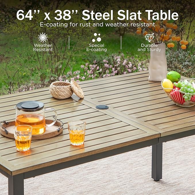 PHI VILLA 7 Pieces Outdoor Dining Set for 6, 65" Rectangle Metal Wood-Like Steel Table with Umbrella Hole & Swivel Wrought Iron Chairs, Outside Furniture Set for Patio, Deck, Yard, Porch