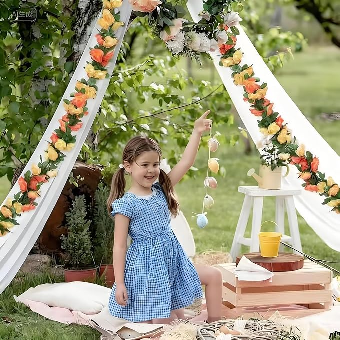 5 Pcs 8FT Flower Garland Artificial Flowers for Outdoors Fake Rose Vine Ivy Silk Flowers for Decoration/Anniversary/Wedding Birthday/Christmas/Home Decor/Garden Decor (Sunset Red)