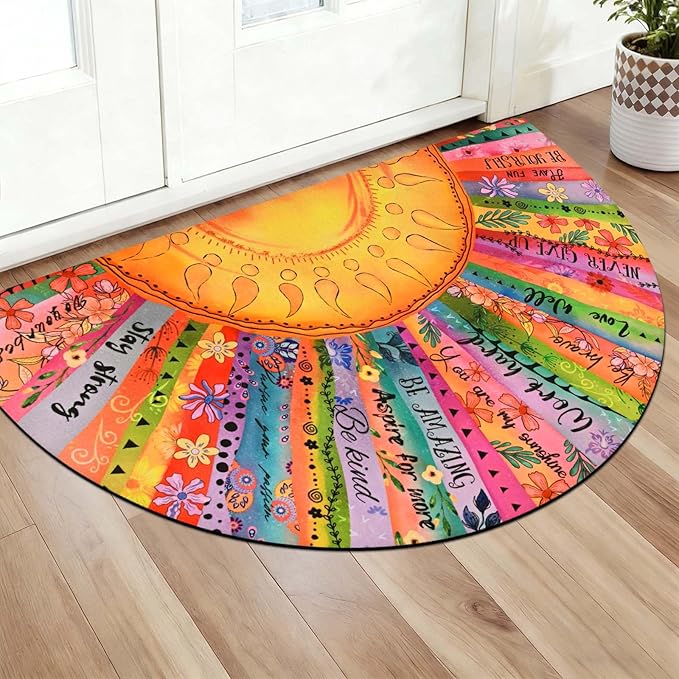Likiyol Sun Door Mat Outside Entrance, Inspirational Quotes Welcome Mat Half Circle Front Door Mats, Colorful Floral Non Slip Boho Doormat Outdoor Indoor Entrance, Low Profile, Absorbent, 24" x 36"