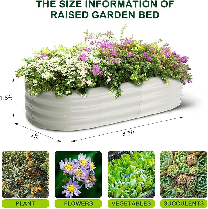 2 Pcs 4.5x2x1.5ft Oval Galvanized Raised Garden Beds, Metal Planter Boxes with Open Base, Tool-Free Assembly for Vegetables, Flowers, Herbs - Outdoor & Patio Use, White