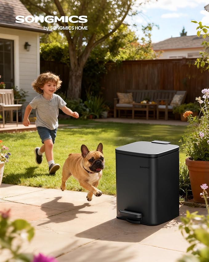 SONGMICS Dog Poop Trash Can, 1.6-Gallon (6 L) Outdoor Garbage Can with Lid, Soft Close, Stainless Steel with Inner Bucket, Ink Black ULTB590BH01