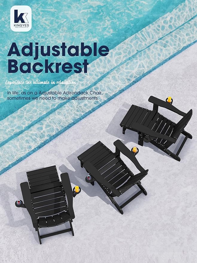 KINGYES Folding Adjustable Adirondack Chair with Retractable Ottoman, HDPE Recliner Adirondack Chair with Cup Holder, Black
