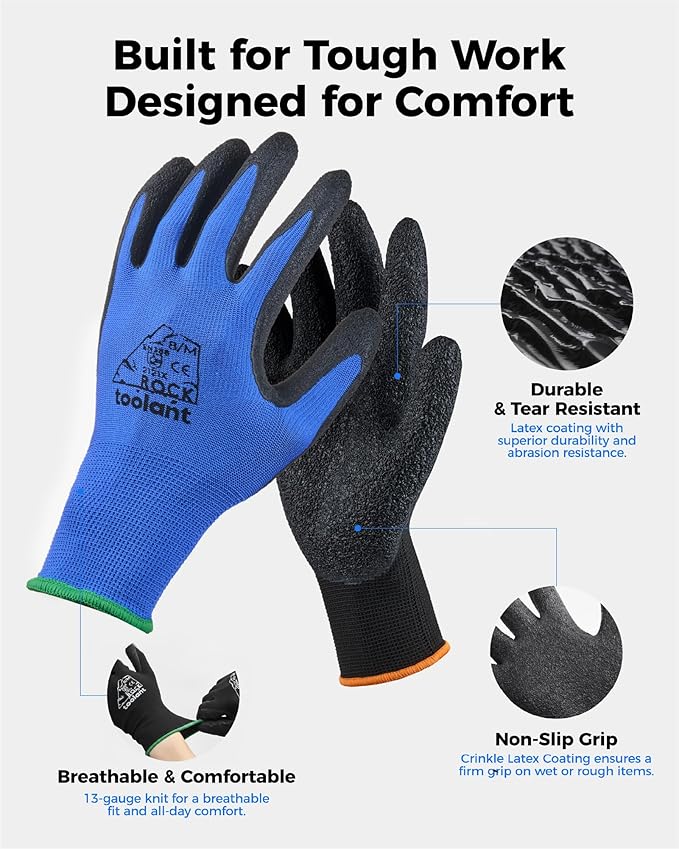 toolant Crinkle Latex Work Gloves Bulk, Rubber Coated Safety Work Gloves for Men and Women, 12 Pairs for Construction, Gardening, Warehouse (Black & Blue, Large)