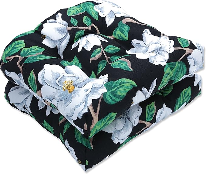 Pillow Perfect Floral Indoor/Outdoor Chair Seat Cushion, Tufted, Weather, and Fade Resistant, 19" x 19", Black/White Magnolia, 2 Count