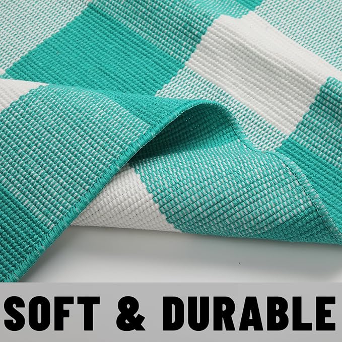 SEEKSEE Buffalo Plaid Outdoor Rug 3'x5' Light Blue and White Checkered Area Rug Washable Doormat Cotton Boho Bedroom Rug for Kitchen Entryway Hallway Front Door Farmhouse Living Room