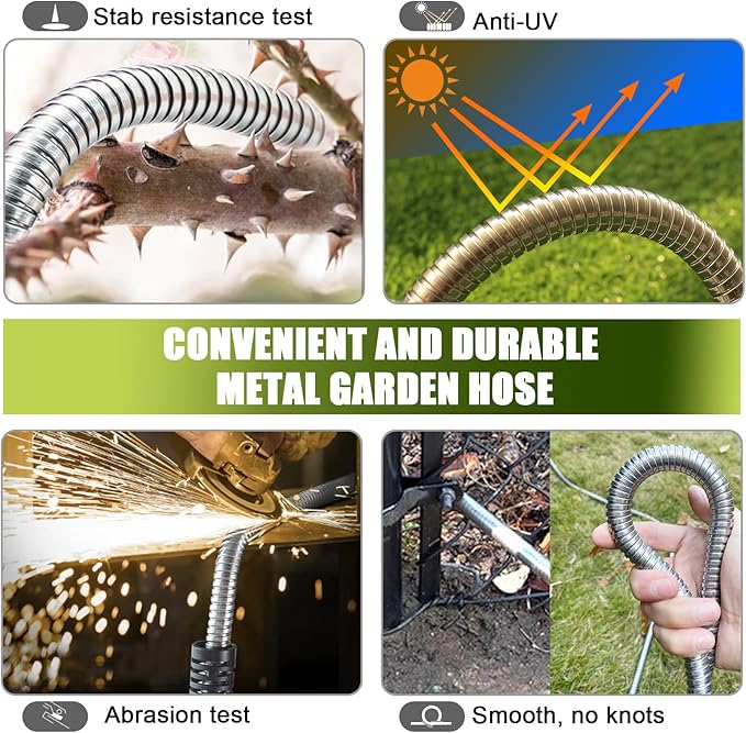 15FT Metal Garden Hose - Stainless Steel, Heavy Duty, Flexible & Lightweight, Never Kink and Tangle, with 10-Function Nozzle, Pressure Resistant for Outdoor Use (Yellow)