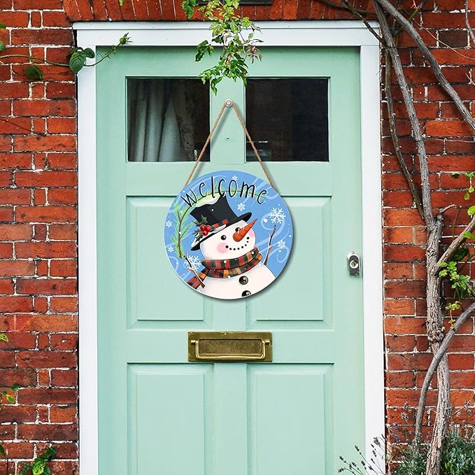 Welcome Snowman Blue Door Sign For Front Door Decor,Green Pine Branch Snowflakes Wooden Sign 12"x 12" Round Wood Hanging Door Sign Winter Decoration for Wall Rustic Decor