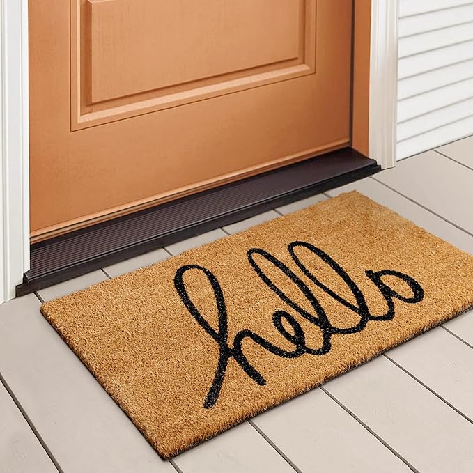 LuxUrux Hello Door Mat Outdoor Coco Coir Doormat, with Heavy-Duty PVC Backing - Natural - Perfect Color/Sizing for Outdoor/Indoor uses. (17 x 30, Script Hello)