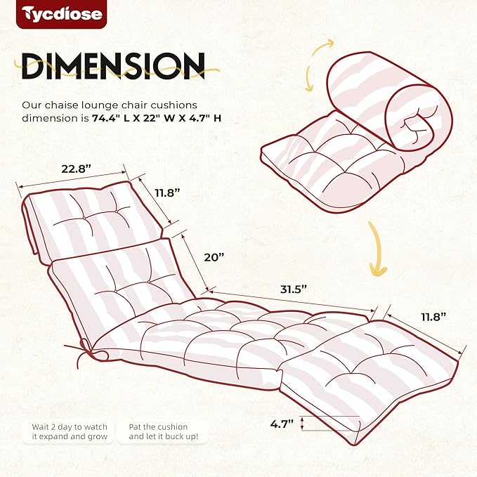 Chaise Lounge Cushions Outdoor Set of 2, 74.4 x 22 x 4.7 Inch Thickened Lounge Chair Cushions Waterproof for Outdoor Furniture with Ties, Non-Slip Patio Pool Lounge Cushions, Stripe Red&White