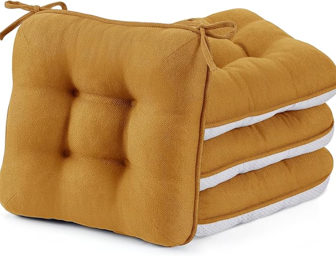 BETU Chair Cushions for Dining Chairs Set of 4,3.5" Thick Kitchen Table Chair Pads with Ties,Non Slip Backing and Covers, Seat Cushion for Dining Room,Bar,Patio Chairs,16"X16"X3.5",Yellow