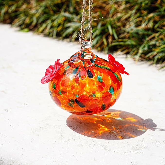 Set 2 Hummingbird Feeders for Outdoors Hanging 3.2in Small Blown Glass Humming Bird Feeder for Window Humming Bird Feeders with 2 Flower Feeding Ports