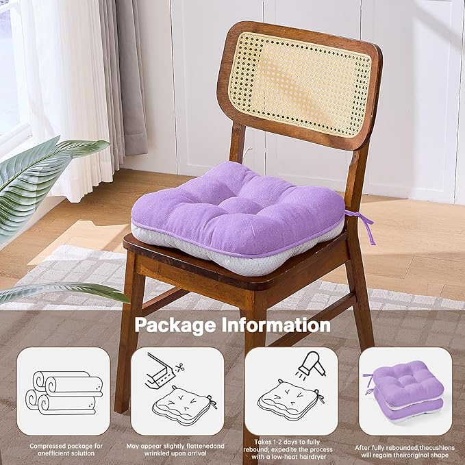 BETU Chair Cushions for Dining Chairs Set of 6,3.5" Thick Kitchen Table Chair Pads with Ties,Non Slip Backing and Covers, Seat Cushion for Dining Room,Bar,Patio Chairs,16"X16"X3.5",Purple