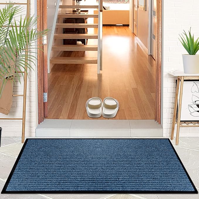 LuxUrux Striped Blue Door Mat - Heavy Duty, Indoor/Outdoor, Easy Clean, Waterproof, Low-Profile (24'' x 16'') - Ideal for Entry, Patio, Garage - Durable Solution for High Traffic Entrance Ways