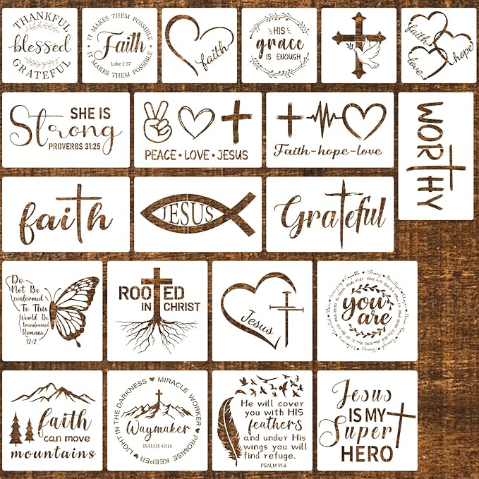21 Pcs Christian Stencils for Painting Reusable Bible Cross Faith Stencils Crafts for DIY Drawing, Walls, Wood Signs, Window, Fabric Home Decorations