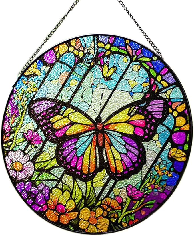 Generic Butterfly Stained Glass Suncatcher Artistic Window Hanging,7.8” Hand-Painted Glass Panel Wall Home Decor,Gift for Women Garden Decor Suncatcher, BL009