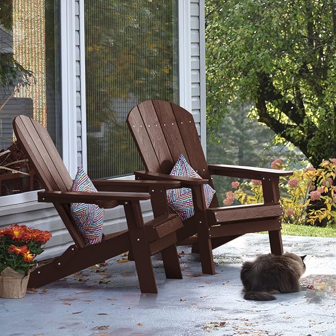 YEFU Adirondack Chair, Foldable Oversized Plastic Adirondack Chair Set of 4 with Cup Holder, Patio Chair with Weather Resistant for Outside Deck Lawn, Weight Capacity Up to 400 Lbs –Mahogan