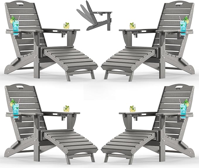 Ciokea Folding Adirondack Chair Set of 4 with Retractable Ottoman Fire Pit Patio Chair with Pull Out Foot Rest Weather Resistant Lawn Outdoor Chair with 2 Cup Holder (Grey)