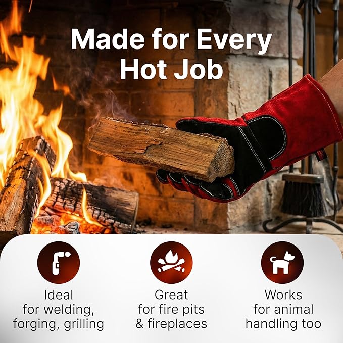 Grill Armor Welding Gloves – 16-Inch EN407 Leather Forge, MIG & Stick Welding Gloves – 932°F Heat & Fire Resistant – Red