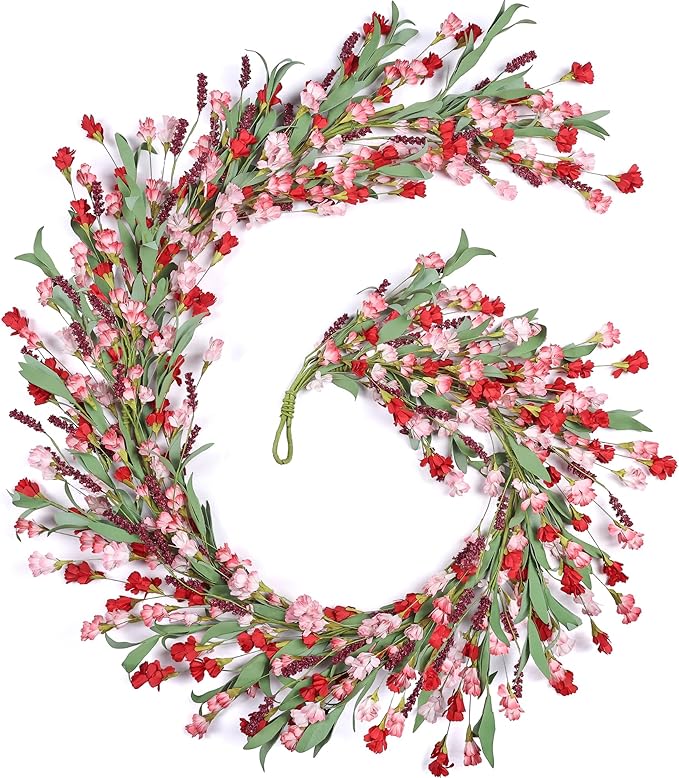 Artgar Flower Garland 9Ft Spring/Summer Garland Floral Garlands for Mantle All Year Round Paper Garlands Decor for Indoor Outdoor Home Wedding Arch Porch Stair Backdrop Year Round Decor (Red Pink)