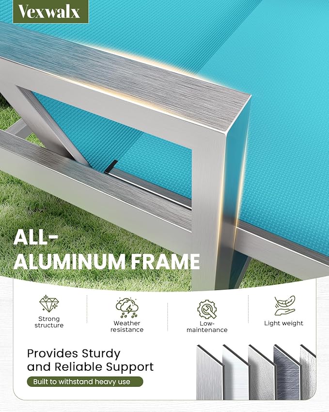 Patio Chaise Lounge Chair Outdoor with Wheels&Armrests, Aluminum Pool Lounge Chairs 5-Position Adjustable Recliner, Outdoor Beach Lounge Chairs for Poolside, Patio, Deck, Yard, Lake Blue