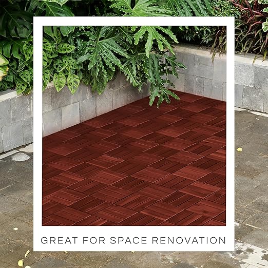 10 Pcs Deck Tiles, Patio Flooring - Outdoor Waterproof Acacia Wood Tiles for All Weather Use - Balcony, Backyard, Indoor & Outdoor (Natural Rosewood, 10 Square Ft)