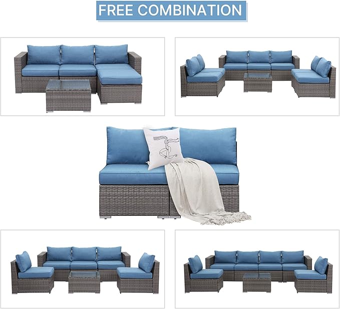 Solaste Wider 2 Pieces Outdoor Sofa, Patio Rattan Sectional Sofa, All-Weather Wicker Armless Patio Loveseat Furniture with Cushion for Porch Balcony Garden Poolside (Blue)