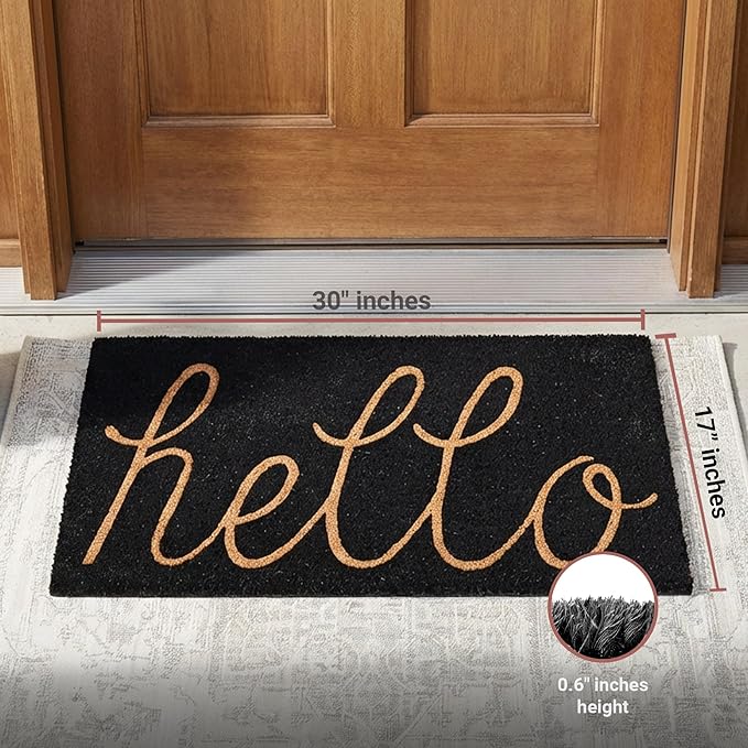 THEODORE MAGNUS Door Mat - Welcome Mat for Front Door with Non-Slip Backing - Durable Coir Doormat - Perfect for Outside Entrance and Entryway Matt - Outdoor/Indoor - Hello - Black - 17" x 30"