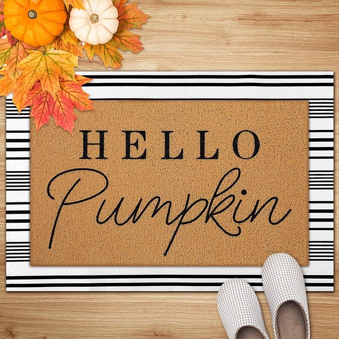 Tinideya 2 Pcs Fall Door Mat Hello Pumpkin Welcome Non Slip Coir Mats Thanksgiving Black White Stripe Harvest Floor Layering Doormats Seasonal for Front Porch Entryway Decor(Hello Pumpkin)