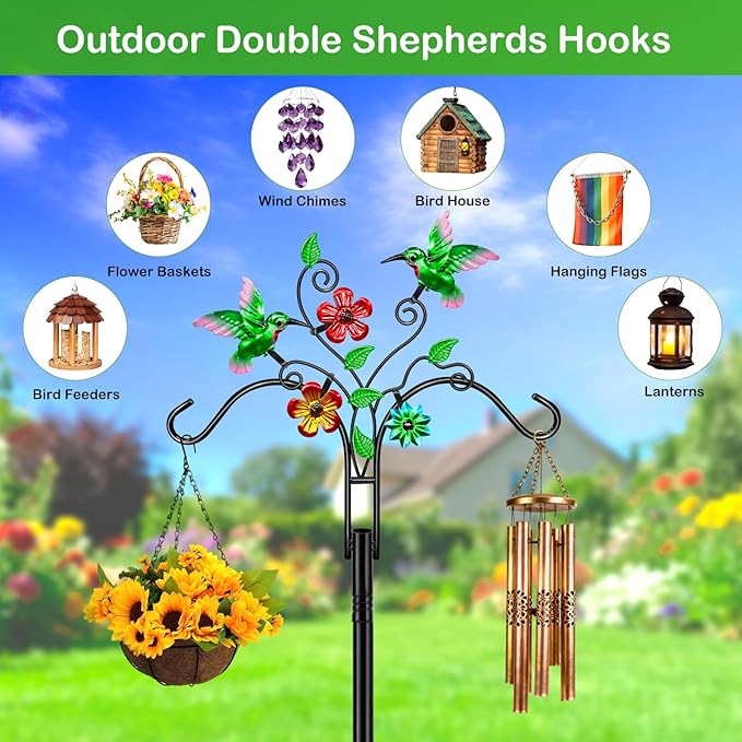 Double Shepherds Hooks for Outdoor, 78 Inch Bird Feeder Pole with 5 Prongs Base, Adjustable Heavy Duty Plant Hangers Hummingbird Art for Outdoor Plants Hummingbird Feeder Hanging Baskets Lantern