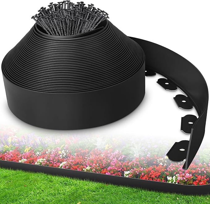 4-Inch x 100 FT Landscape Edging Border with 150 Stakes, Plastic Garden Edging Border Kit, Flexible No Dig Lawn Edging Border for Garden Flower Beds Yard Pathway Paver (Black)