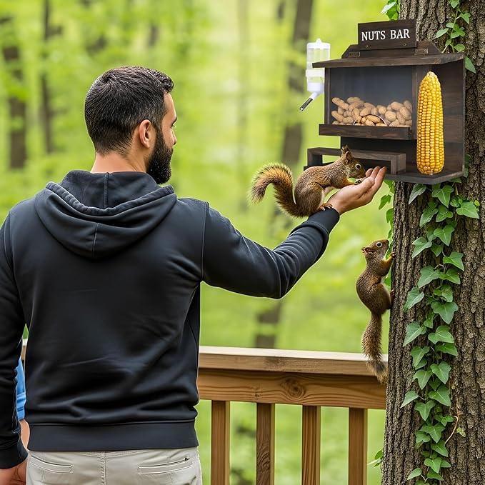 Squirrel Feeders for Outside, Large Carbonized Squirrel Feeder Chipmunk House, Funny Squrrill Nuts Bar, Durable Wooden Squirrel Corn Cob Feeder, No Assembly Required