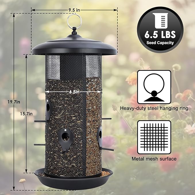 Gtongoko Hanging Bird Feeders for Outdoors 6.5 LB Large Capacity Squirrel Proof Metal Tube Bird Feeders for Thistle & Nyjer Seed Attracts Finch Cardinal,Titmice,Swallow Black