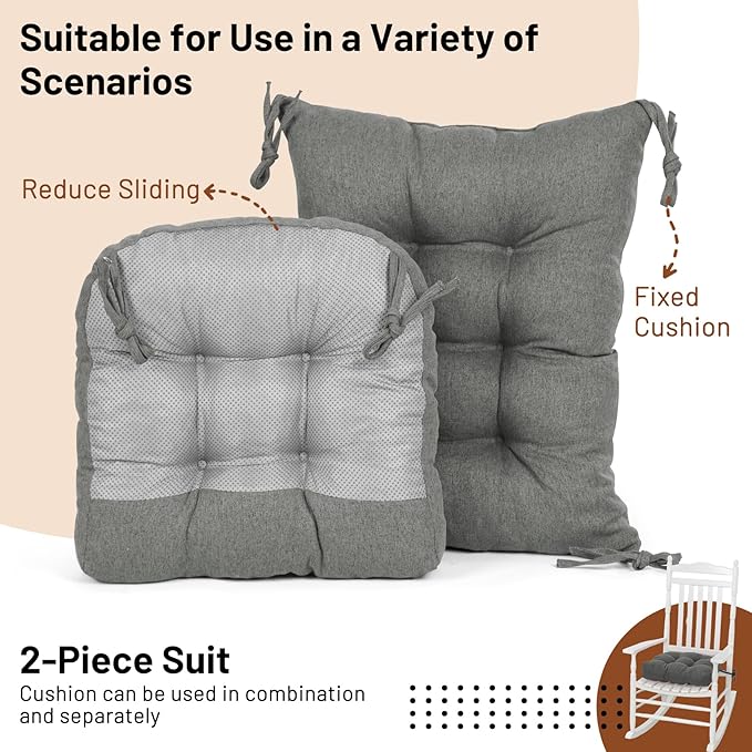 Lokex Rocking Chair Cushion 4 Inch Extra Thick, Cushions for Rocking Chairs Set of Seat and Back with Ties, Linen Fabric Indoor Outdoor Rocker, 17x21 & 17x17 Inches (Dark Grey)