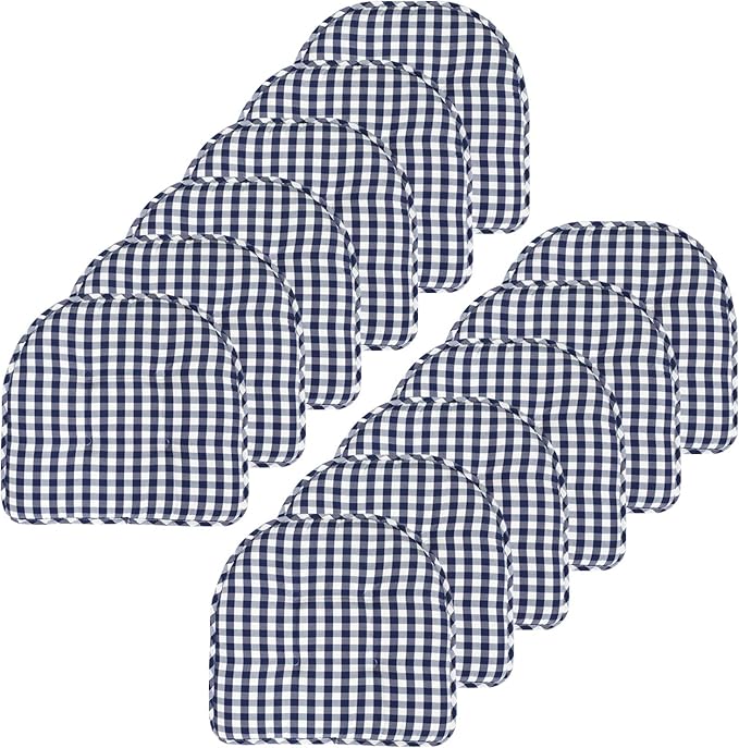 Sweet Home Collection Chair Cushion Memory Foam Pads Tufted Slip Non Skid Rubber Back U-Shaped 17" x 16" Seat Cover, 12 Pack, Checkered Navy/White
