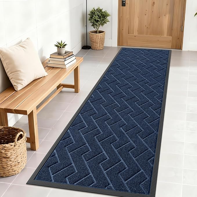 OLANLY Front Door Mat Indoor Outdoor Entrance, Waterproof All-Season, All-Weather Doormat, Sturdy Natural Rubber, Low Profile, Easy Clean Patio Porch Entryway Mat, Herringbone Brick (Blue, 71x23)