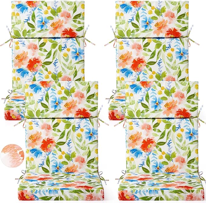 4 Pack Outdoor High Back Chair Cushion, 44 x 20 inches Patio Chair Cushions Waterproof Rocking Cushions Indoor Furniture Seat Pad, Weather Resistant (Floral,Pastel)
