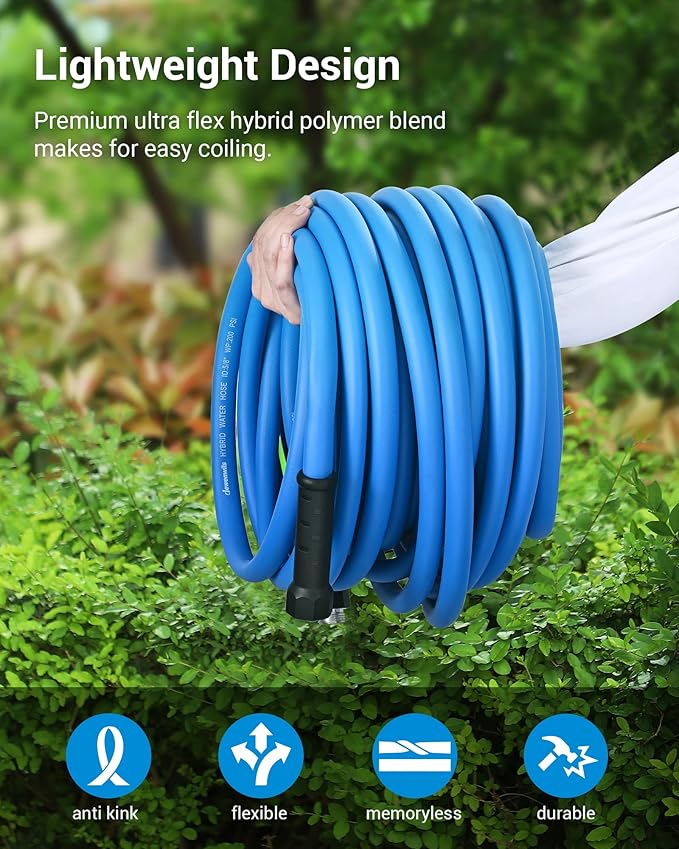 DEWENWILS Hybrid Garden Hose 75 ft x 5/8", Heavy Duty Water Hose with Swivel Handle, Lightweight Flexible Hose for Plants, Car, Yard, 3/4 Inch Solid Fittings, Drinking Water Safe