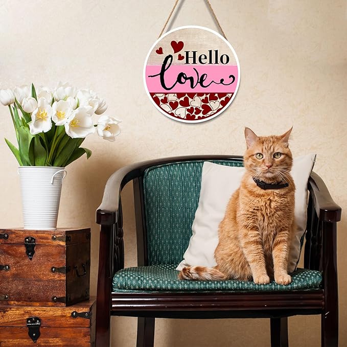 Valentine's Day Hello Love Door Sign For Front Door Decor,Red Heart Wooden Sign 12"x 12" Round Wood Hanging Door Sign Valentines Decoration for Wall Rustic Farmhouse Porch Decor