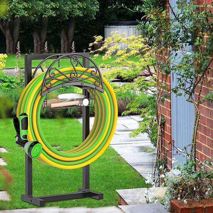 Garden Hose Holder,Heavy Duty Freestanding Detachable Storage Reel Stand,Upgraded 4 Spikes Hose Hanger for Outside Yard Lawn (Floral with Storage Basket)