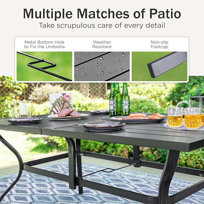 PHI VILLA 7 Piece Patio Table and Chairs Set for 6 Person, Metal Slat Rectangle Table and Stackable Patio Chairs with Textilene Mesh Fabric, All Weather Patio Furniture Set for Deck Lawn Garden