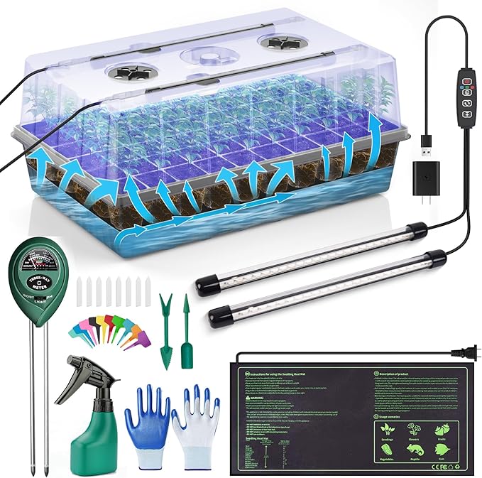 60 Cell Self-Watering Seed Starter Tray with Grow Light and Heat Mat,Seed Starter Kit,Humidity Domes,Auto Timer,Flexible Brightness Seedling Starter Trays for Seed Starting & Seeds Growing