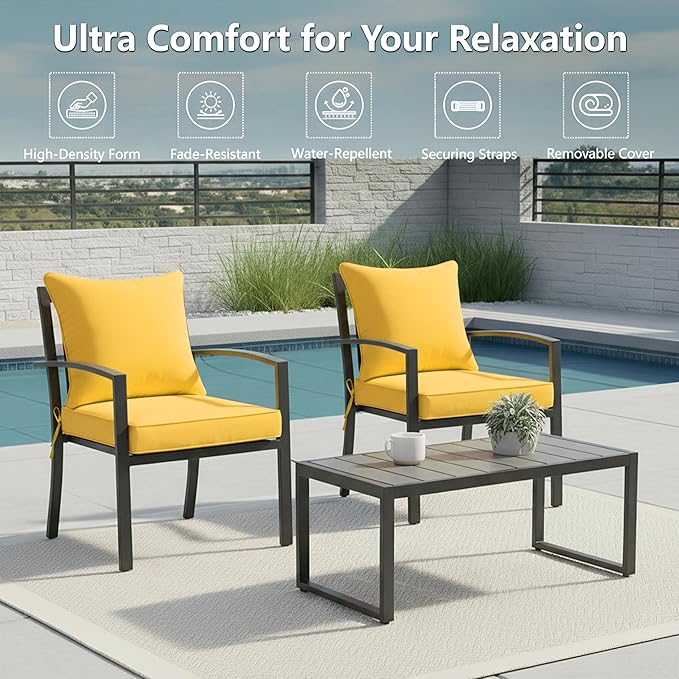 24x24 Inch Outdoor Chair Cushions Set of 2, Patio Furniture Cushions - Removable Cover, Water-Repellent, Fade-Resistant, Non-Slip Bottom & Straps, Replacement for Deep Seat Sofa & Couch - Yellow