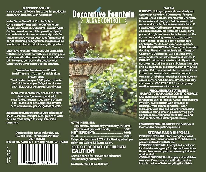 Fountain Algaecide and Clarifier - 8oz - Kills and Inhibits All Types of Algae Growth, Formulated for Small Ponds and Water Features, Treats up to 8,000 Gallons (Pack of 2)