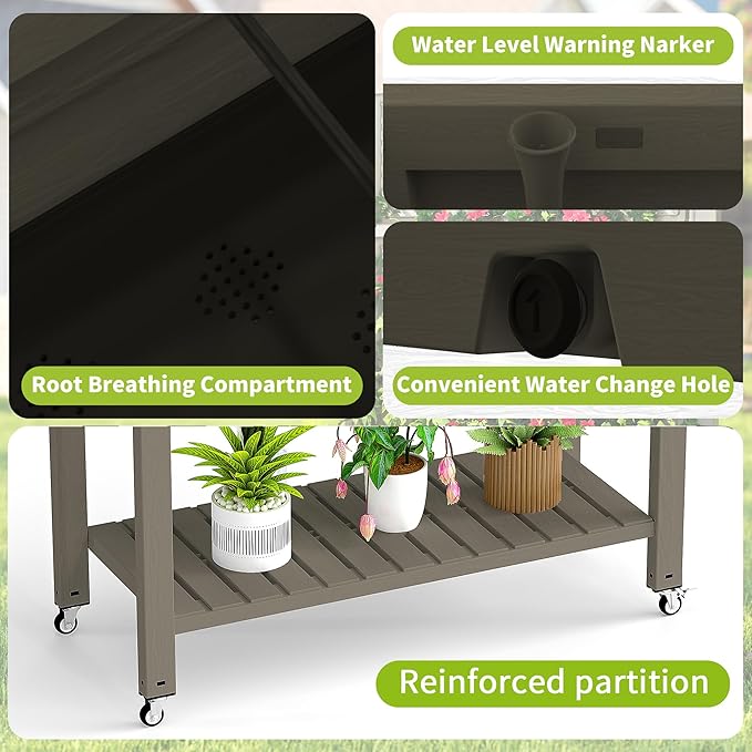 Raised Garden Bed with Legs, 33.66" Tall Self-Watering Resin Planter Box with Lockable Wheels Drainage Plug and Gauge for Vegetables, Flowers, Storage Shelf for Tools and Accessories (Grey)