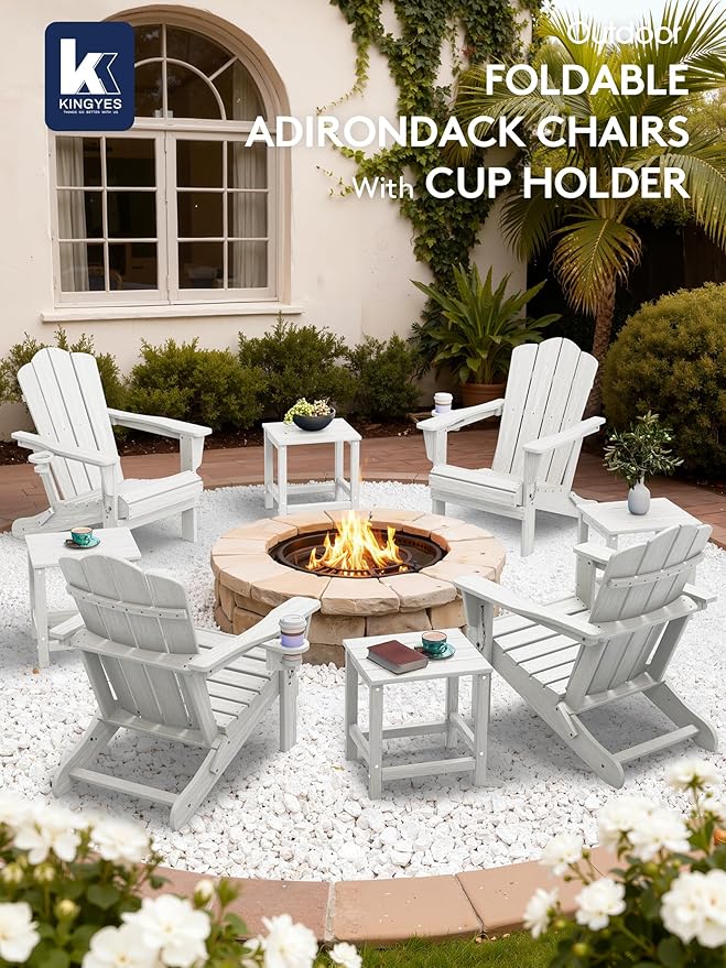 KINGYES Folding Adirondack Chair Set of 4, HDPE All-Weather Patio Chairs with Cup Holder, Wooden Textured Fire Pit Chairs for Poolside, Backyard, Deck, White