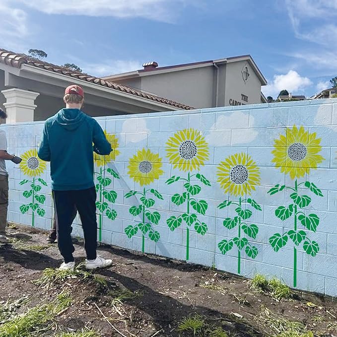 Large Sunflower Fence Stencil for Painting on Fences Wood Reusable Tall Blooming Flower Stencils Kit Garden Fence Flower Templates for Outside Mural Walls Crafts Canvas (Sunflower 8pcs)
