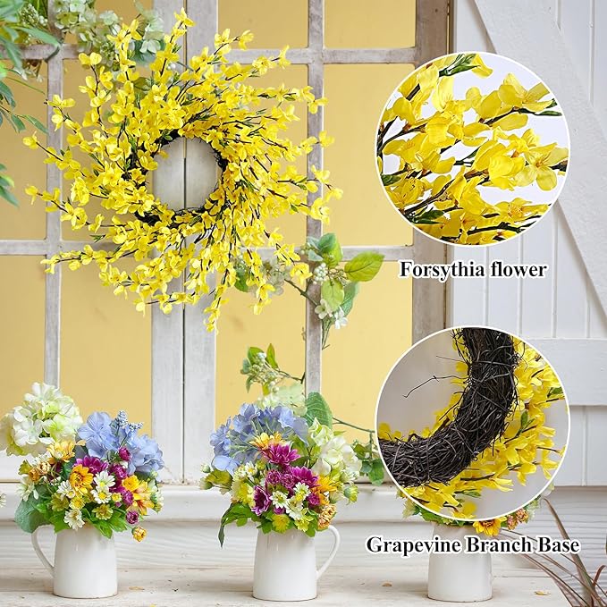 20 Inch Spring Wreath for Front Door, Yellow Forsythia Spring Wreath for Farmhouse Rustic Grapevine Blossom Cluster Festival Celebration Front Door Wall Window Party Decoration Home Décor