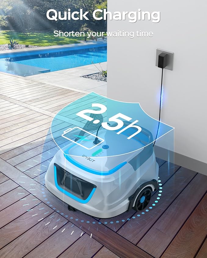WYBOT A1 Cordless Robotic Pool Cleaner, Automatic Pool Vacuum for Above Ground with 120 Mins, Double Filters, LED Indicator, Charge in 2.5 Hours, 4 Cleaning Modes, Ideal for Above Pools (White Blue)