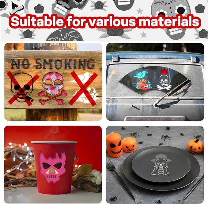 Felixcraft Skull Stencils for Painting, 64PCS 3x3 Inch Plastic Halloween Stencils for Crafts Reusable, Durable PET Material for Wood Signs, Wall Art, Fabric Painting, and Spooky DIY Art Projects