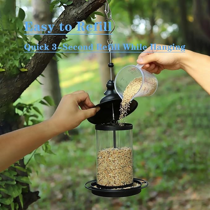 Bird Feeders for Outdoors,Hanging Bird Feeder with Locking Lid, Metal Birdfeeder with 17.5cm Weatherproof Large Roof&Tray,3 Feeding Perches,Chew-Proof, Black,1 Pack